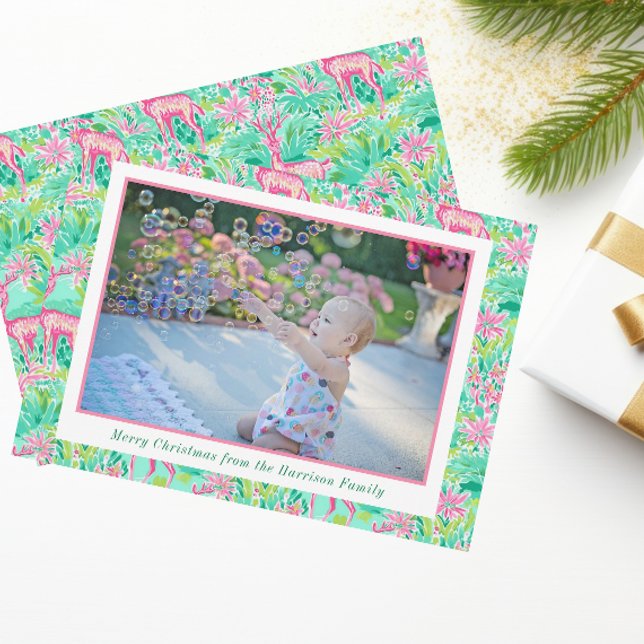 Palm Beach Christmas Pink & Green Reindeer Photo Holiday Card (Creator Uploaded)