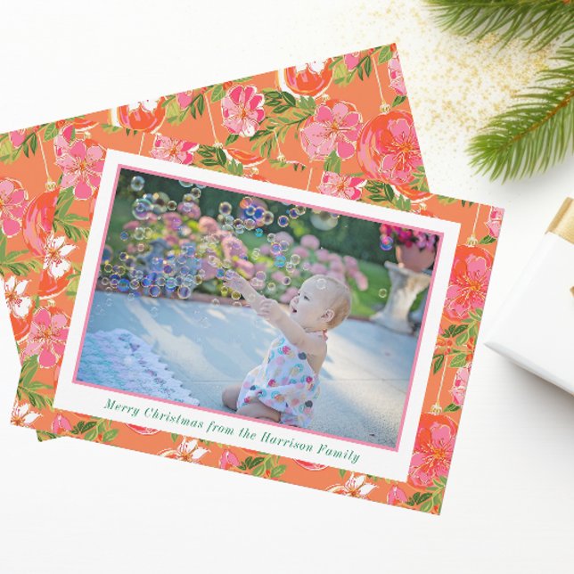 Palm Beach Christmas Pink & Orange Ornaments Photo Holiday Card (Creator Uploaded)