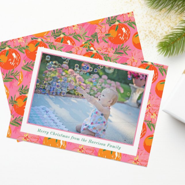 Palm Beach Christmas Pink & Orange Ornaments Photo Holiday Card (Creator Uploaded)