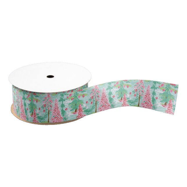 Palm Beach Christmas Watercolor Pink & Green Trees Grosgrain Ribbon (Spool)