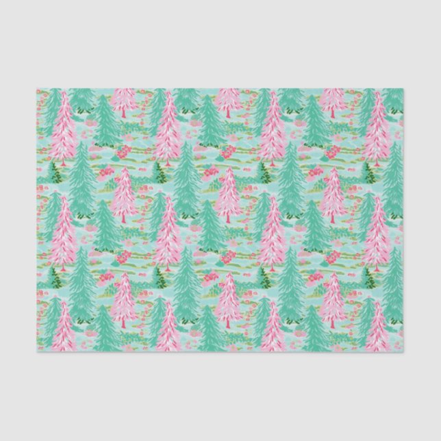 Palm Beach Christmas Watercolor Pink & Green Trees Tissue Paper (Front)