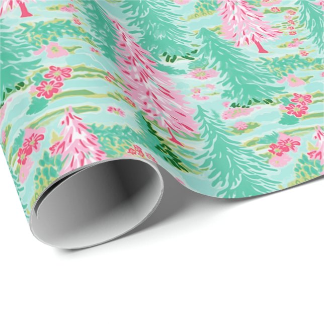 Palm Beach Christmas Watercolor Pink & Green Trees Wrapping Paper (Roll Corner)