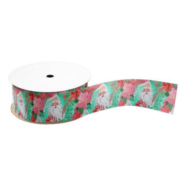 Palm Beach Christmas Watercolor Pink Santa Grosgrain Ribbon (Spool)