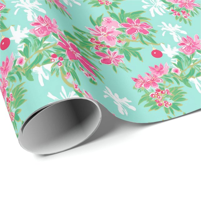 Palm Beach Christmas Watercolor Tropical Ornaments Wrapping Paper (Roll Corner)