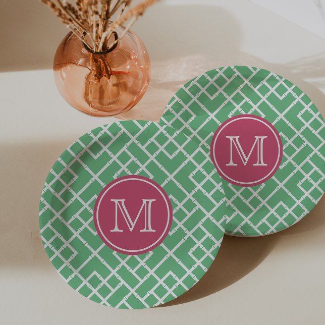 Palm Beach Green & Pink Geometric Bamboo Monogram Paper Plate (Creator Uploaded)