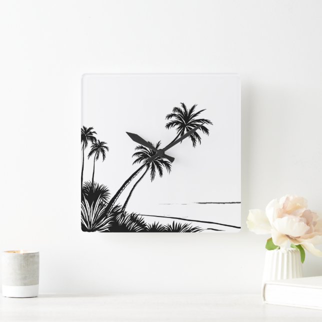 Palm Beach Ocean Modern Black and White Square Wall Clock (Home)
