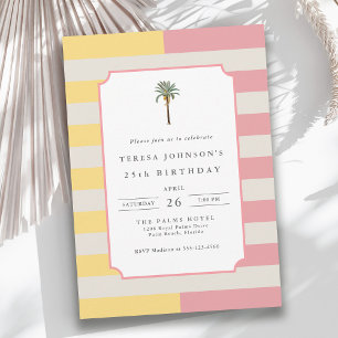 Palm Beach Pastel Stripe Tropical 25th Birthday Invitation