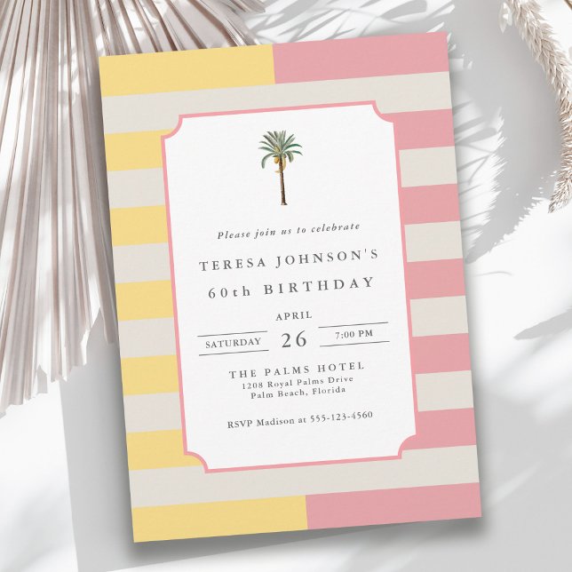 Palm Beach Pastel Stripe Tropical 60th Birthday Invitation (Available as both printed and instant download digital formats.)
