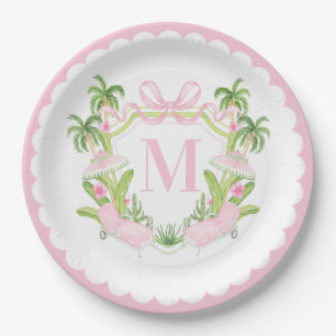 Palm Beach Pink Loungers Monogram Crest Paper Plate