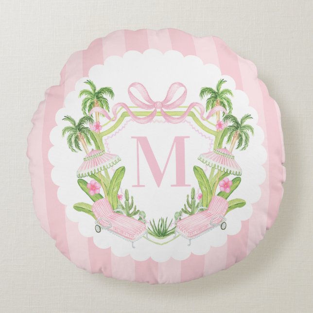 Palm Beach Pink Loungers Monogram Crest Round Cushion (Front)