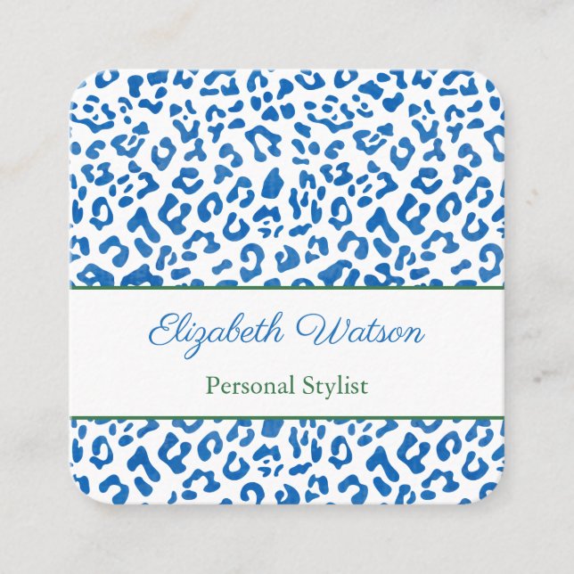 Palm Beach Preppy Blue Green Animal Print Stylist Square Business Card (Front)