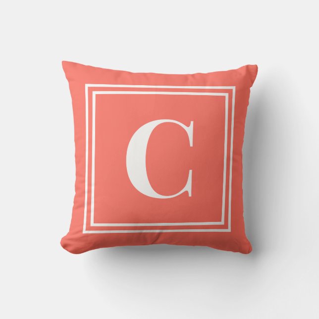 Palm Beach Preppy Coral Monogram Throw Pillow (Front)