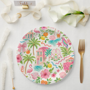 Palm Beach Preppy Pink Green Tropical Paper Plate