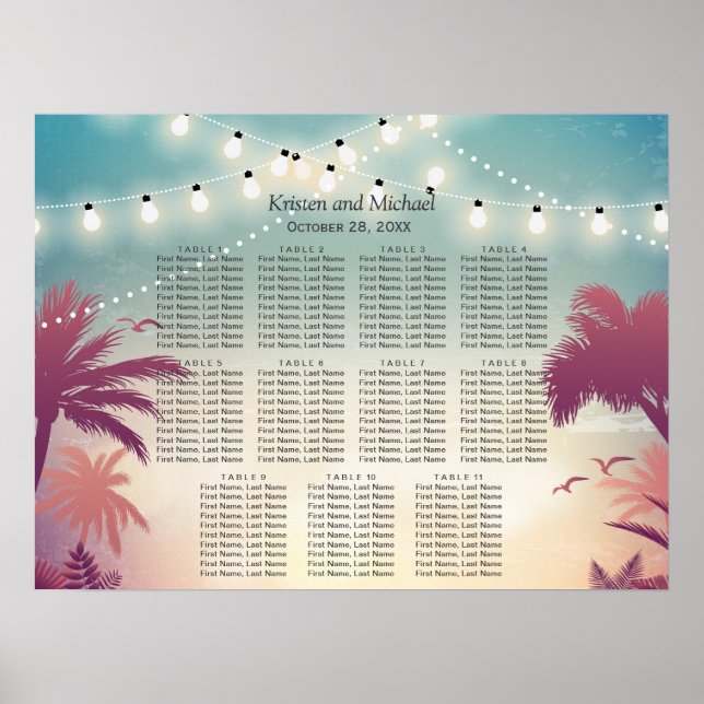 Palm Beach String Lights Wedding Seating Chart (Front)