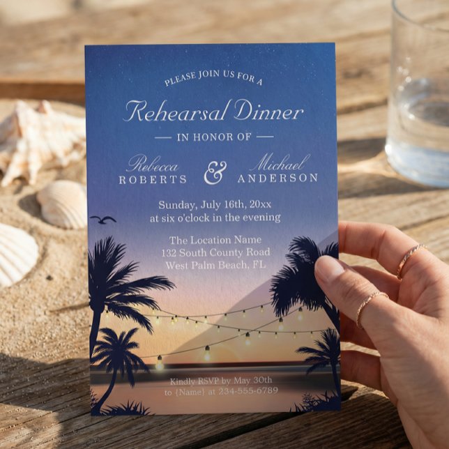 Palm Beach Sunset String Lights Rehearsal Dinner Invitation (Creator Uploaded)