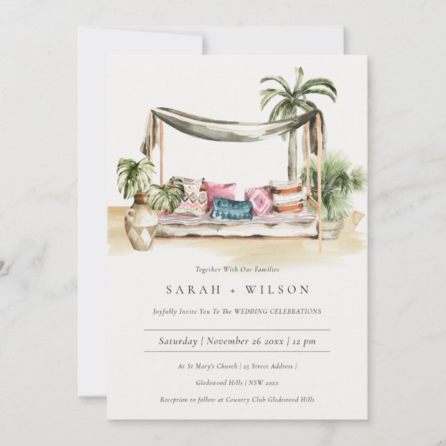 Palm Beach Tropical Palm Cabana Wedding Invite (Front)