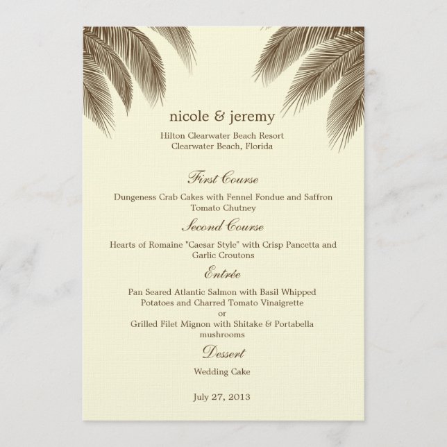 Palm Beach Wedding Menu Card - Brown (Front)
