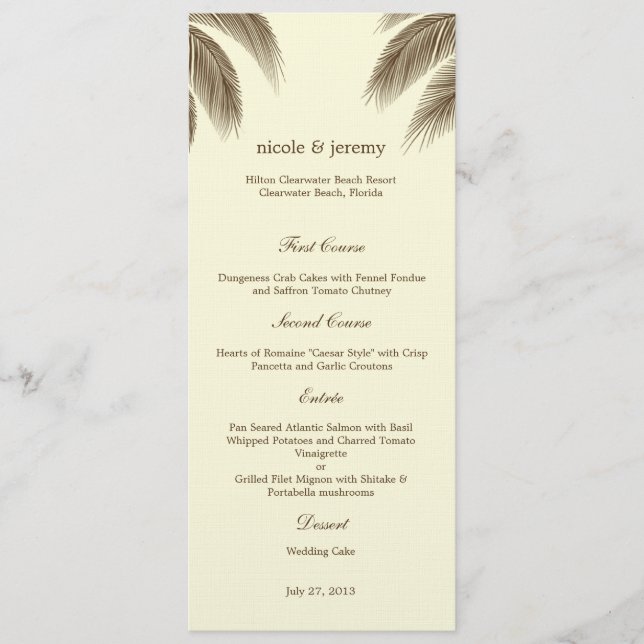 Palm Beach Wedding Menu Card - Brown (Front)