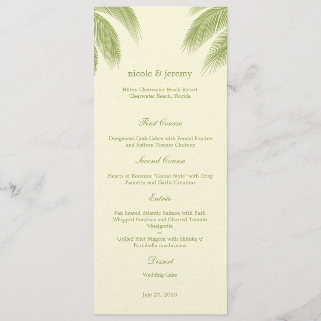 Palm Beach Wedding Menu Card - Green (Front)