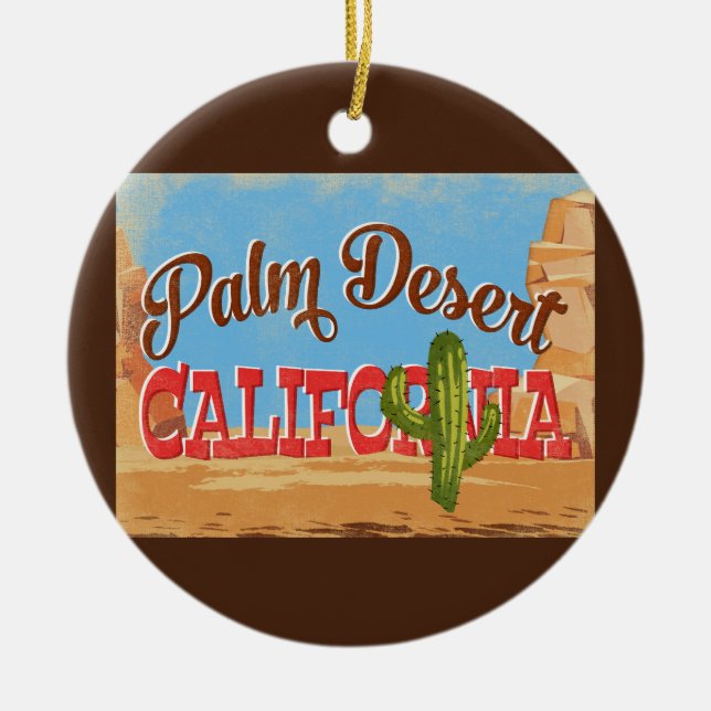 Palm Desert California Cartoon Desert Retro Travel Ceramic Tree Decoration (Front)