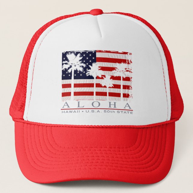 Palm Flag Hawaii Patriotic American Logo Trucker Hat (Front)