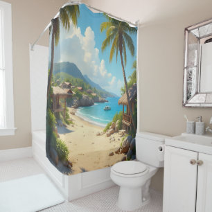 Palm framed view of beach shacks and ocean shower curtain