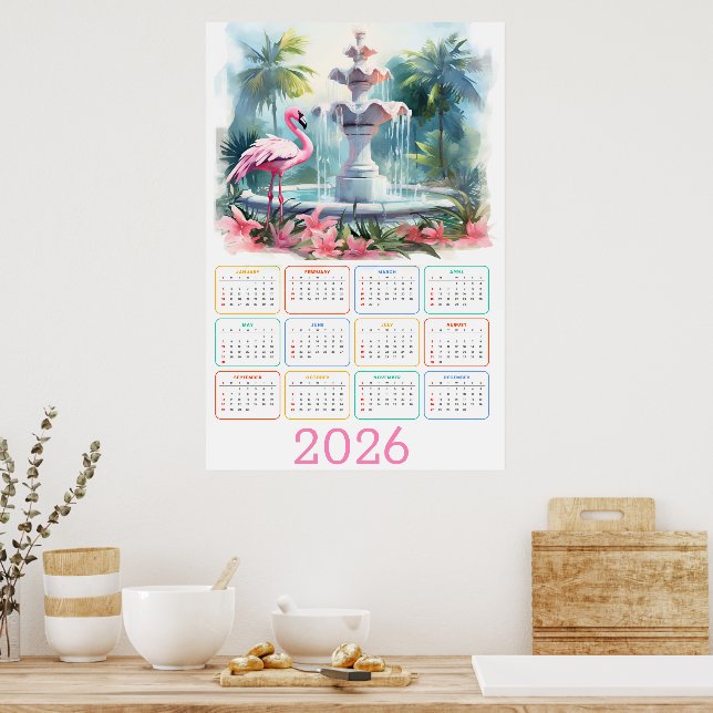 Palm Garden Serenity: 2026 Flamingo Calendar Poster (Kitchen)