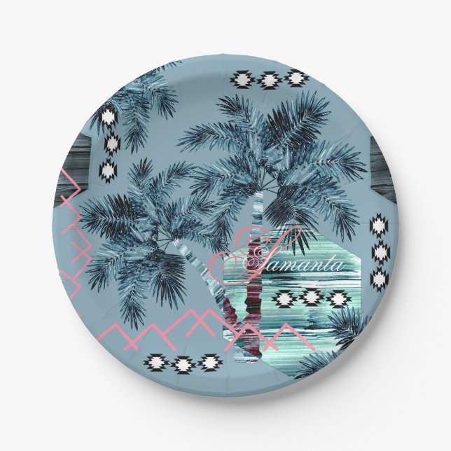 Palm Hawaiian blue black monogram personalised Paper Plate (Front)