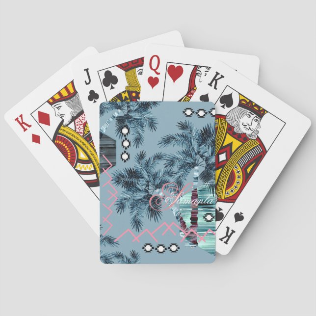 Palm Hawaiian blue black monogram personalised Playing Cards (Back)