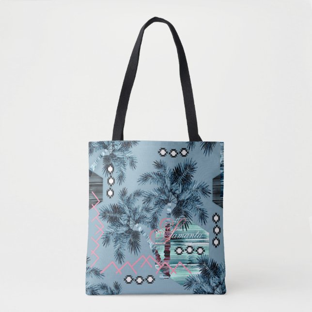 Palm Hawaiian blue black monogram personalised Tote Bag (Front)