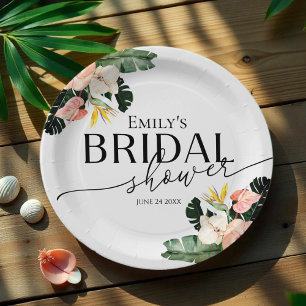 Palm Hibiscus Tropical Floral Bridal Shower Paper Plate