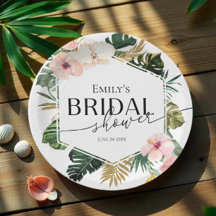 Palm Hibiscus Tropical Floral Bridal Shower Paper Plate