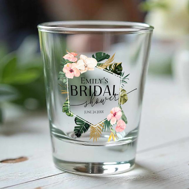 Palm Hibiscus Tropical Floral Bridal Shower Shot Glass (Creator Uploaded)