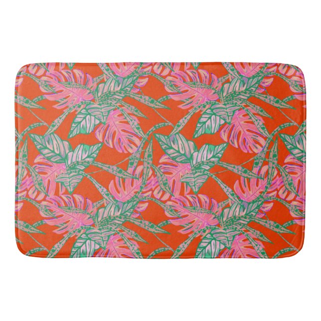 Palm leaf and coleus tropical red pink green bath mat (Front)