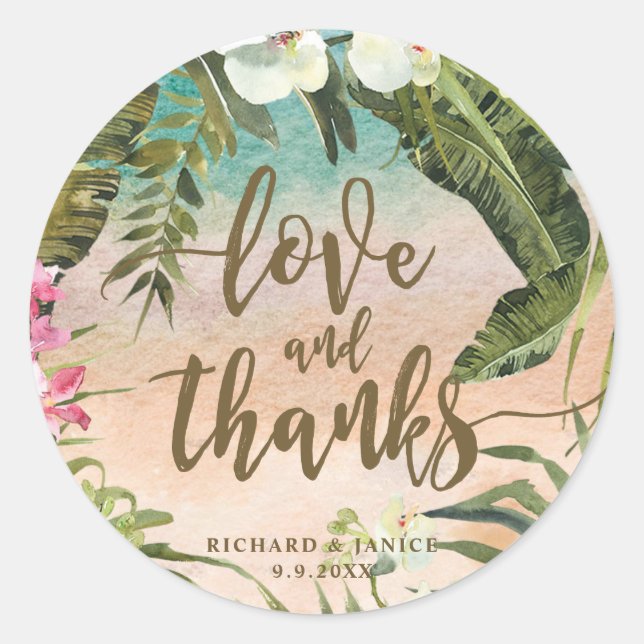 palm leaf beach love and thanks sticker wedding (Front)