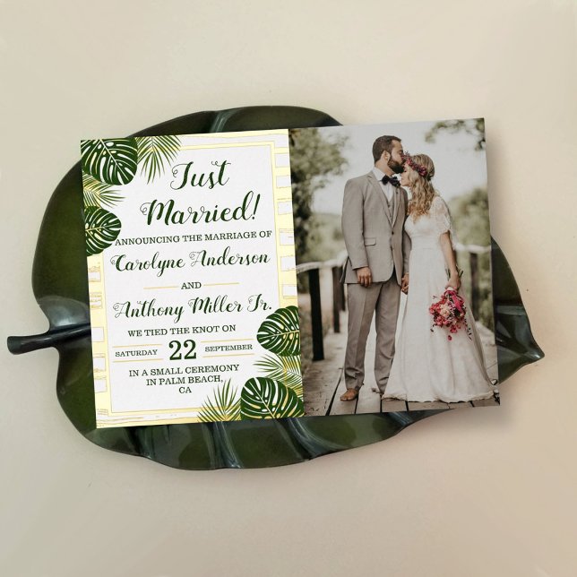Palm Leaf Beach Wedding Photo Announcement Card (Creator Uploaded)
