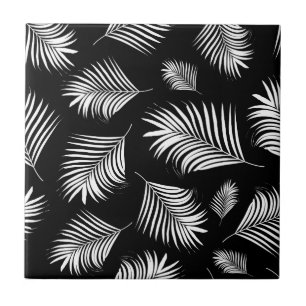 Palm Leaf Black White Tropical Pattern Tile