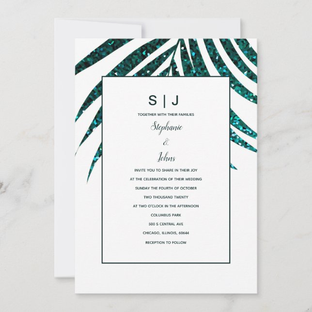 Palm Leaf Blue Green Glitter Tropical Wedding Invitation (Front)