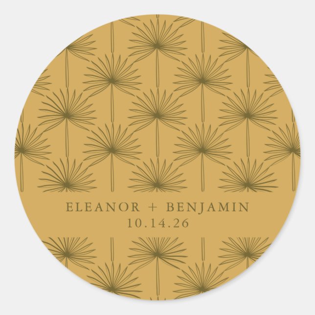 Palm Leaf Botanical Mustard Yellow Custom Wedding Classic Round Sticker (Front)