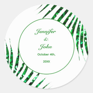 Palm Leaf Emerald Green Glitter Tropical Wedding Classic Round Sticker