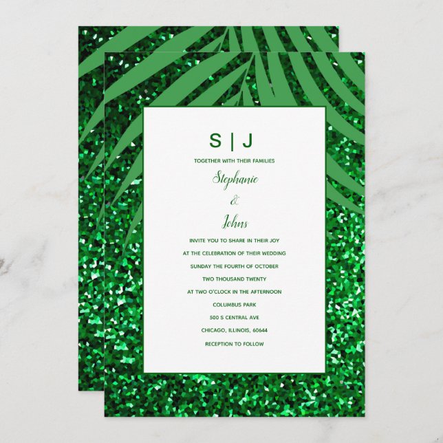  Palm Leaf Emerald Green Glitter Tropical Wedding Invitation (Front/Back)