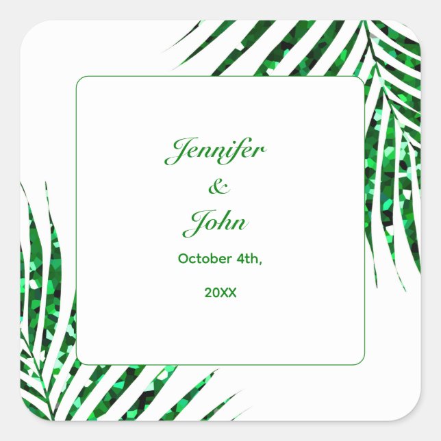 Palm Leaf Emerald Green Glitter Tropical Wedding Square Sticker (Front)