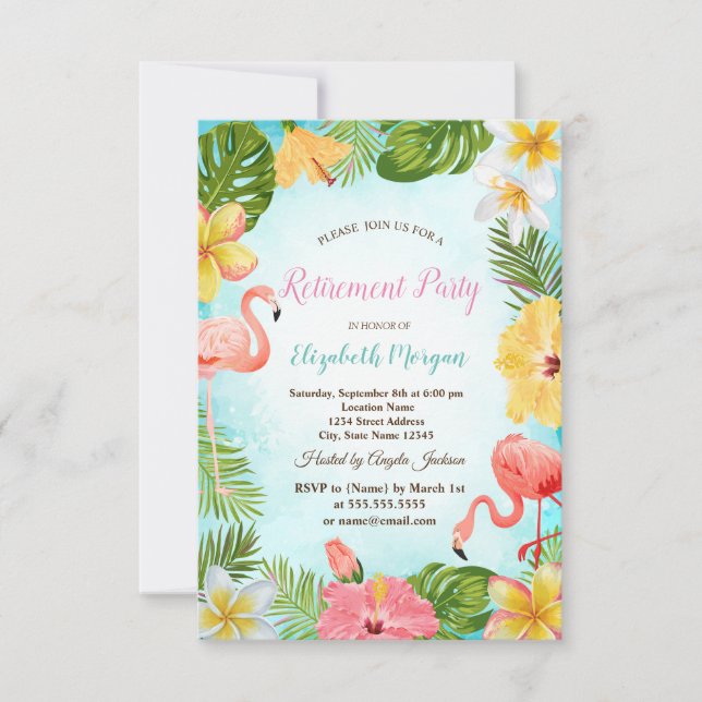 Palm Leaf Flowers Flamingos Retirement Party  Invitation (Front)