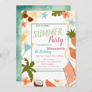 Palm Leaf, Flowers,Fruits Summer Birthday   Invitation