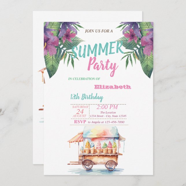 Palm Leaf Flowers Ice Creams Birthday Party Invitation (Front/Back)