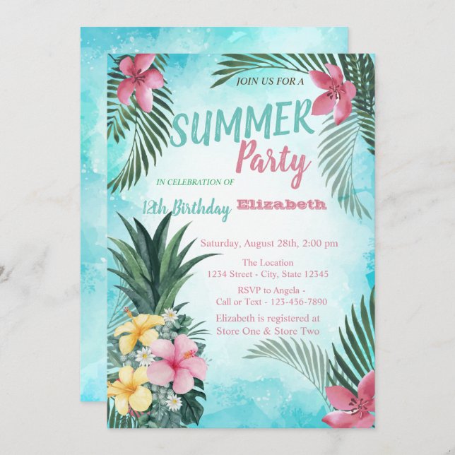 Palm Leaf, Flowers Pineapple Birthday Party Invitation (Front/Back)
