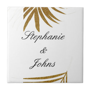 Palm Leaf Gold Glitter Custom Couple Name Tropical Tile