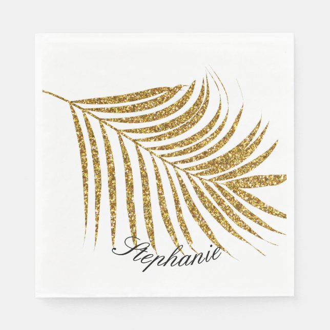 Palm Leaf Gold Glitter Custom Name Cute Trendy Napkin (Front)