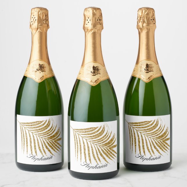 Palm Leaf Gold Glitter Custom Name Cute Trendy Sparkling Wine Label (Bottles)
