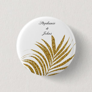 Palm Leaf Gold Glitter Custom Name Trendy Wedding 3 Cm Round Badge